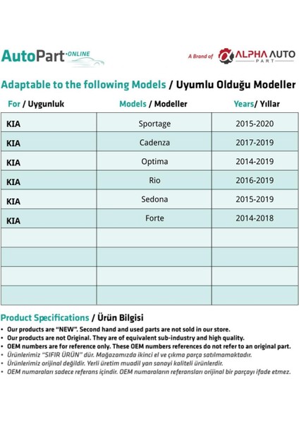 Hyundai, Kia için Davlumbaz Klipsi- 100'lü modelleri