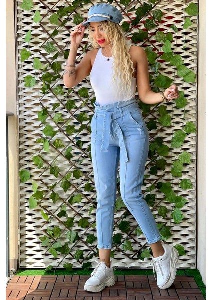 Yan Çep Kemerli Kadın Skinny Jean Pantolon 4188 Buz Mavisi