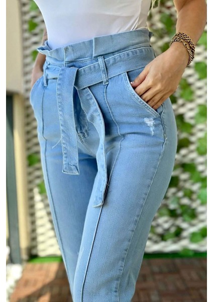 Yan Çep Kemerli Kadın Skinny Jean Pantolon 4188 Buz Mavisi modelleri
