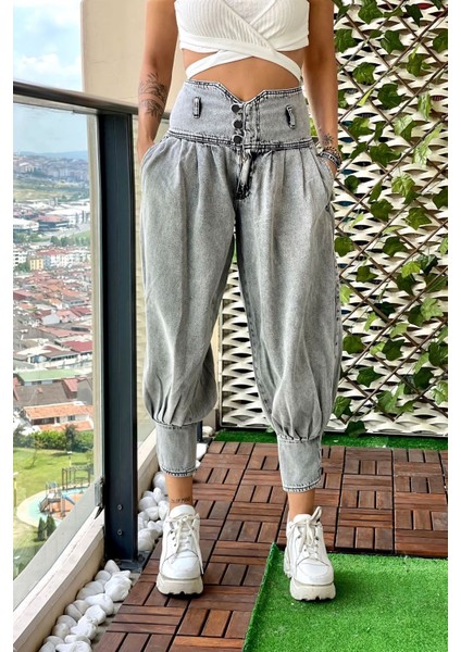 Pileli Rahat Kalıp Kadın Jean Pantolon 4029-835 Gri