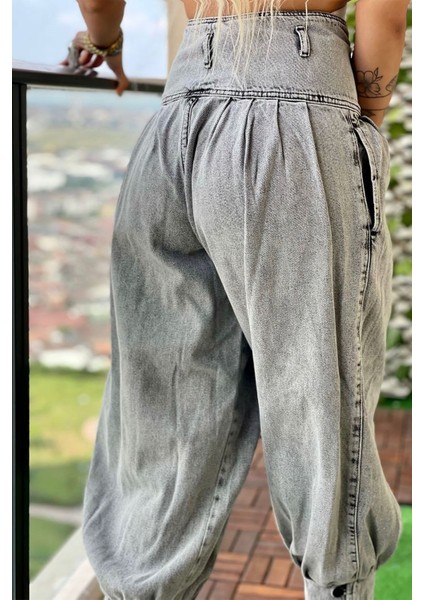 Pileli Rahat Kalıp Kadın Jean Pantolon 4029-835 Gri modelleri