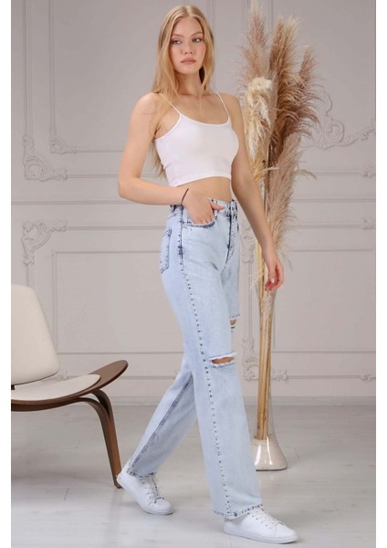 Bol Paça Rahat Kalıp Kadın Jean Pantolon 4059-834 Buz Mavisi modelleri