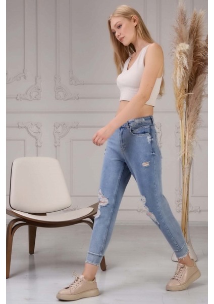 Lazer Kesim Kadın Havuç Jean Pantolon 4624-790 Mavi modelleri