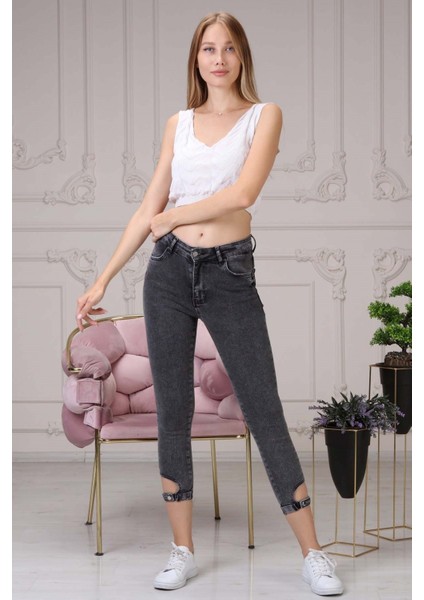 Skinny Jean Paçası Tokalı Kadın Pantolon 4224-939 Siyah