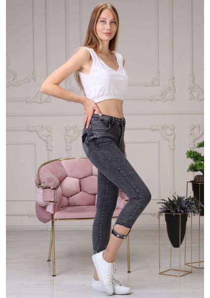 Skinny Jean Paçası Tokalı Kadın Pantolon 4224-939 Siyah modelleri