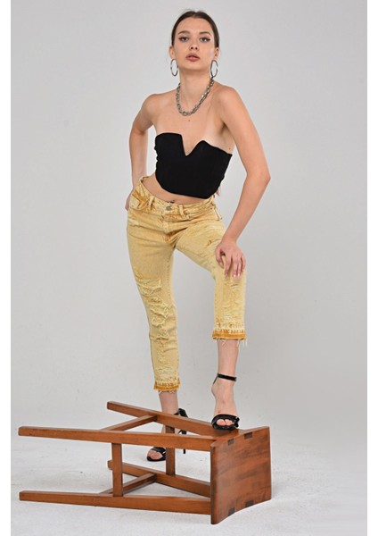 Lazer Kesim Boy Fit Kadın Jean Pantolon 1037-864 Sarı fiyatları