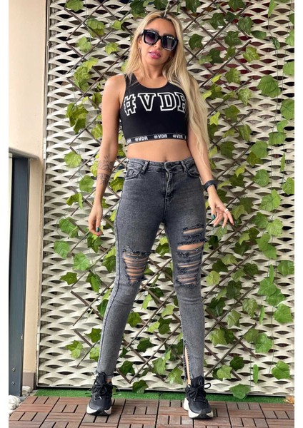 Lazer Kesim Paça Yırtmaçlı Skinny Kadın Jean Pantolon 1031-141 Siyah