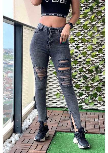 Lazer Kesim Paça Yırtmaçlı Skinny Kadın Jean Pantolon 1031-141 Siyah fiyatları
