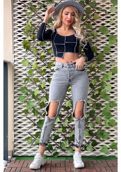 Ön Fermuar Detaylı Kadın Jean Pantolon 40122 Gri