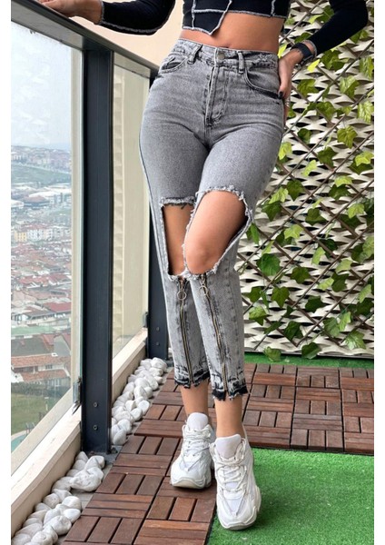 Ön Fermuar Detaylı Kadın Jean Pantolon 40122 Gri fiyatları