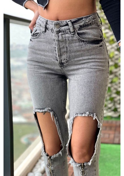 Ön Fermuar Detaylı Kadın Jean Pantolon 40122 Gri modelleri