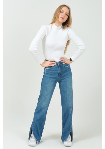 Bol Paça Rahat Kalıp Kadın Jean Pantolon 4073 Mavi