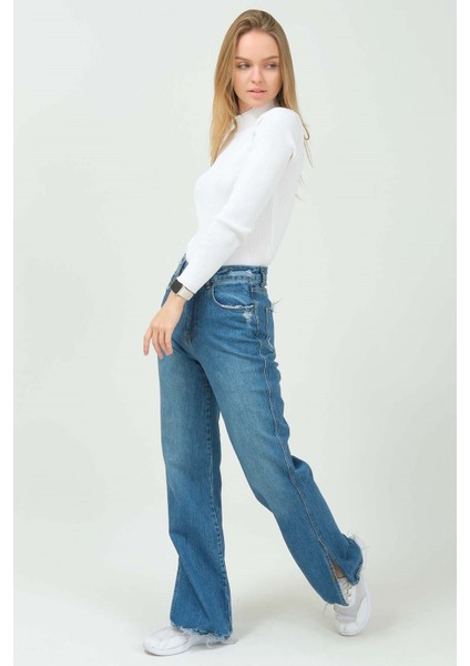 Bol Paça Rahat Kalıp Kadın Jean Pantolon 4073 Mavi modelleri