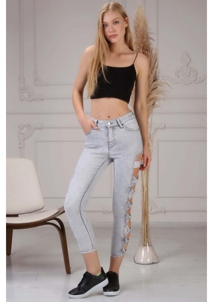 Yırtmaç Detaylı Kadın Skinny Jean Pantolon 4097-873 Gri
