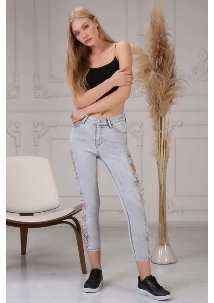 Yırtmaç Detaylı Kadın Skinny Jean Pantolon 4097-873 Gri fiyatları