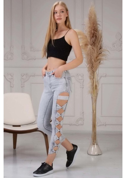 Yırtmaç Detaylı Kadın Skinny Jean Pantolon 4097-873 Gri modelleri