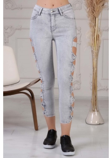 Yırtmaç Detaylı Kadın Skinny Jean Pantolon 4097-873 Gri fırsatları