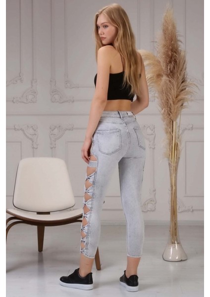 Yırtmaç Detaylı Kadın Skinny Jean Pantolon 4097-873 Gri indirimleri