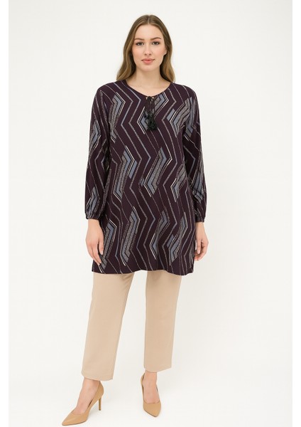 Kadın Zigzag Cizgi Desenli Dokuma Tunik Mor