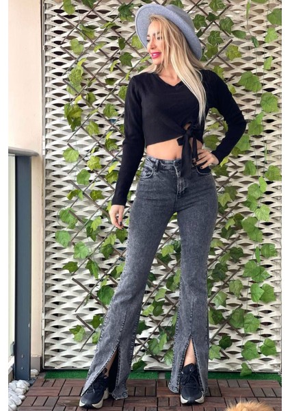 Önden Yırtmaçlı Ispanyol Paça Kadın Jean Pantolon 40150-150 Gri