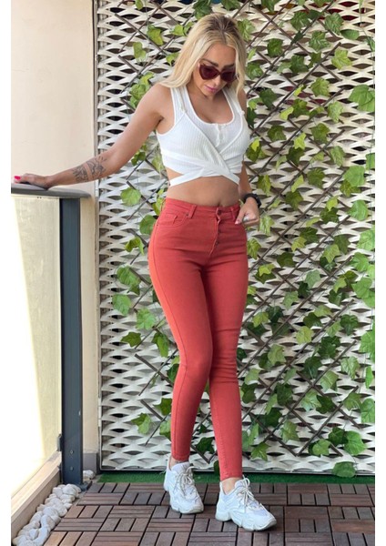 Düğmeli Skinny Jean Kadın Pantolon 1031-124 Kiremit