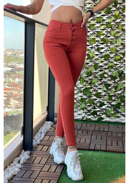 Düğmeli Skinny Jean Kadın Pantolon 1031-124 Kiremit fiyatları