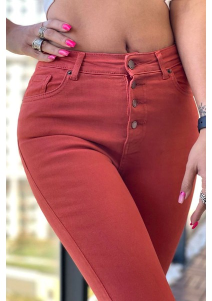 Düğmeli Skinny Jean Kadın Pantolon 1031-124 Kiremit modelleri