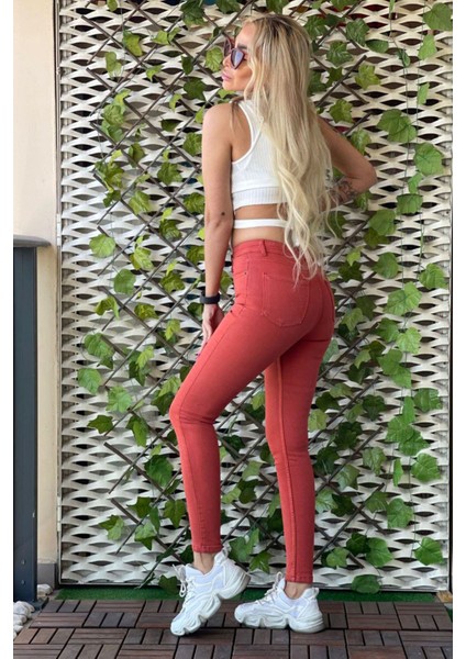 Düğmeli Skinny Jean Kadın Pantolon 1031-124 Kiremit fırsatları