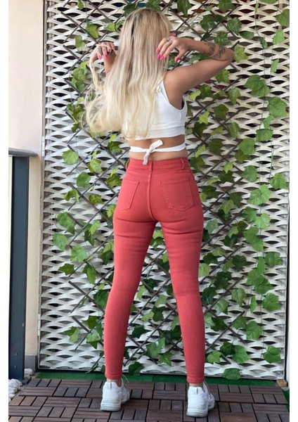Düğmeli Skinny Jean Kadın Pantolon 1031-124 Kiremit indirimleri