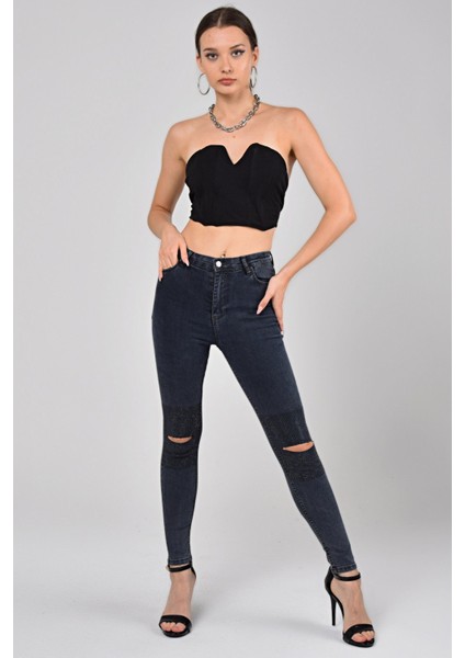 Dizleri Taş Detay Kadın Skinny Jean Pantolon 1031-993 Koyu Mavi