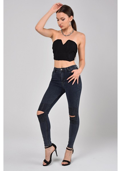 Dizleri Taş Detay Kadın Skinny Jean Pantolon 1031-993 Koyu Mavi fiyatları