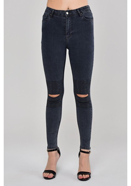 Dizleri Taş Detay Kadın Skinny Jean Pantolon 1031-993 Koyu Mavi modelleri