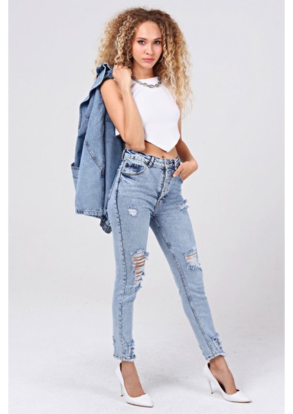 Lazer Kesim Likralı Jean Kadın Pantolon 1037-146 Mavi fiyatları