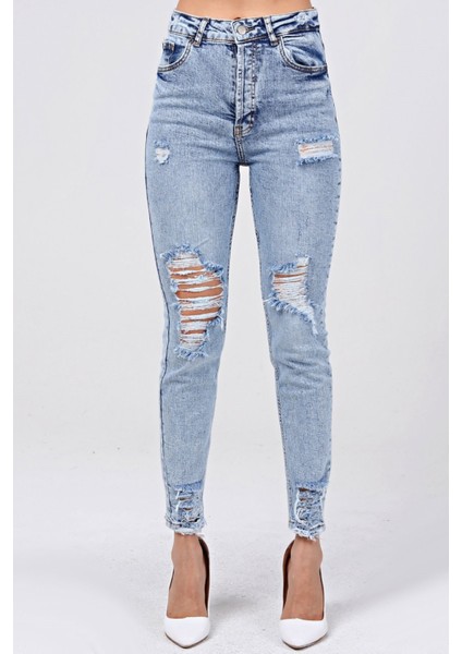 Lazer Kesim Likralı Jean Kadın Pantolon 1037-146 Mavi modelleri