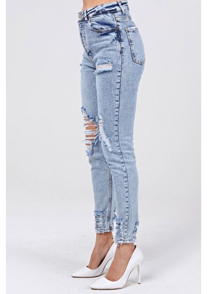 Lazer Kesim Likralı Jean Kadın Pantolon 1037-146 Mavi fırsatları