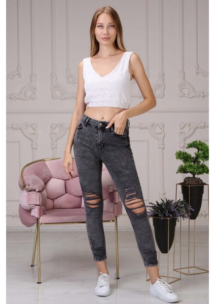 Lazer Kesim Kadın Skinny Jean Pantolon 4044-895 Siyah
