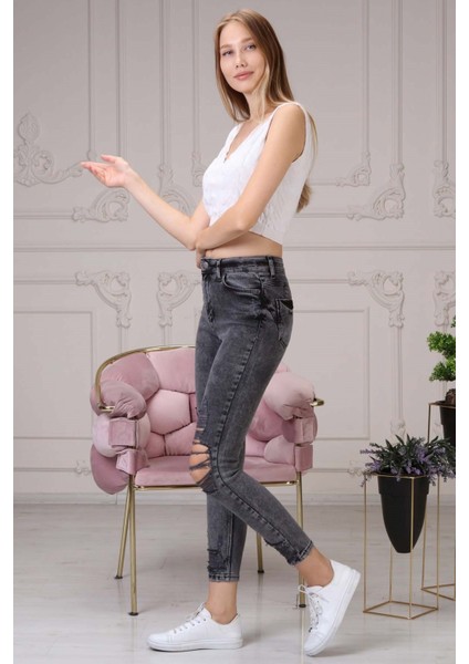 Lazer Kesim Kadın Skinny Jean Pantolon 4044-895 Siyah fiyatları