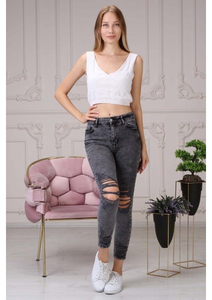 Lazer Kesim Kadın Skinny Jean Pantolon 4044-895 Siyah modelleri