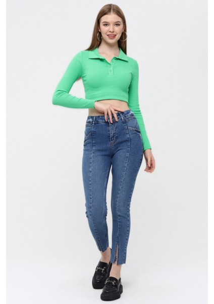 Ön Bölümü Yırtmaçlı Likralı Skinny Jean Pantolon 40164 Mavi