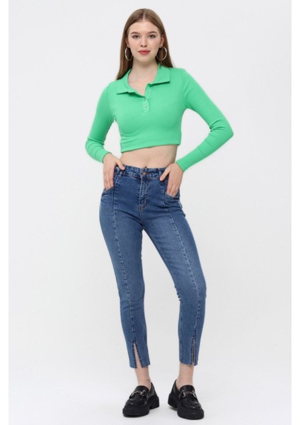 Ön Bölümü Yırtmaçlı Likralı Skinny Jean Pantolon 40164 Mavi fiyatları