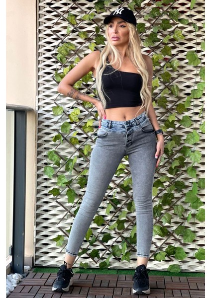 Ön Düğmeli Skinny Jean Kadın Pantolon 40124-128 Gri