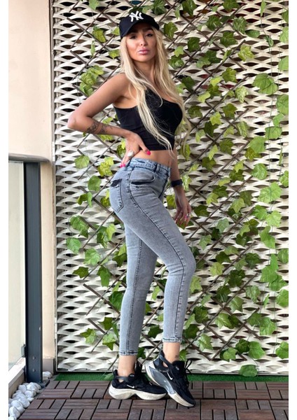 Ön Düğmeli Skinny Jean Kadın Pantolon 40124-128 Gri modelleri
