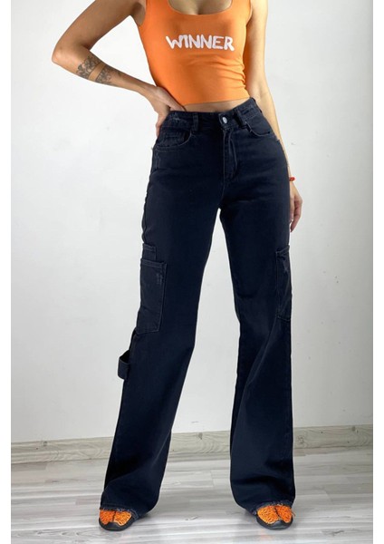 Bol Paça Kargo Cep Jean Pantolon 40198 Siyah modelleri