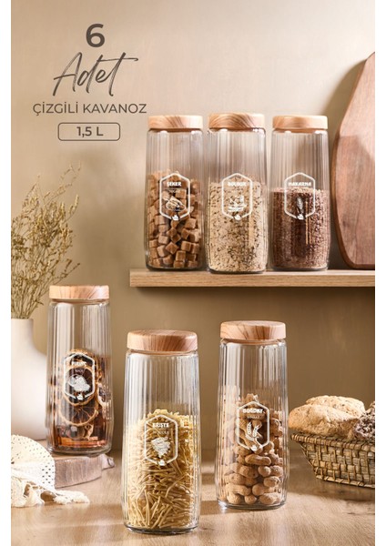 6'lı 1,5 Litre Bambu Kapaklı Çizgili Kavanoz Seti