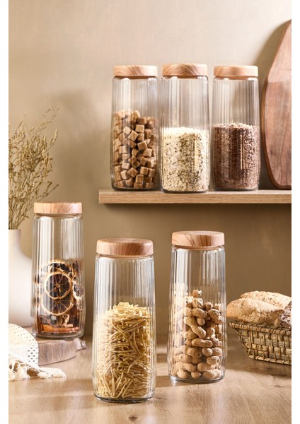 6'lı 1,5 Litre Bambu Kapaklı Çizgili Kavanoz Seti modelleri