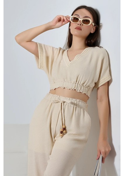 Crop Pantolon Krinkıl Astarlı Takım