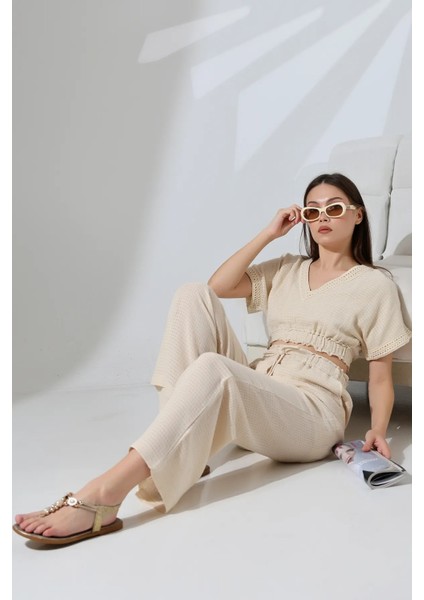 Crop Pantolon Krinkıl Astarlı Takım modelleri