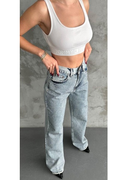 Taşlı Baggy Kadın Jean Pantolon 40313 Mavi fiyatları