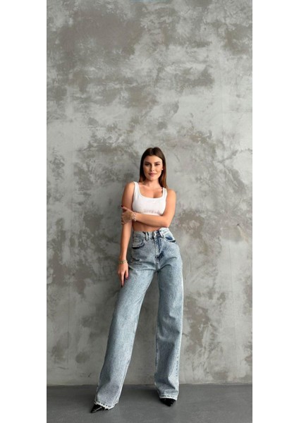 Taşlı Baggy Kadın Jean Pantolon 40313 Mavi indirimleri