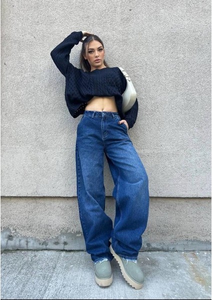 Kadın Baggy Jean Pantolon 40402 Mavi